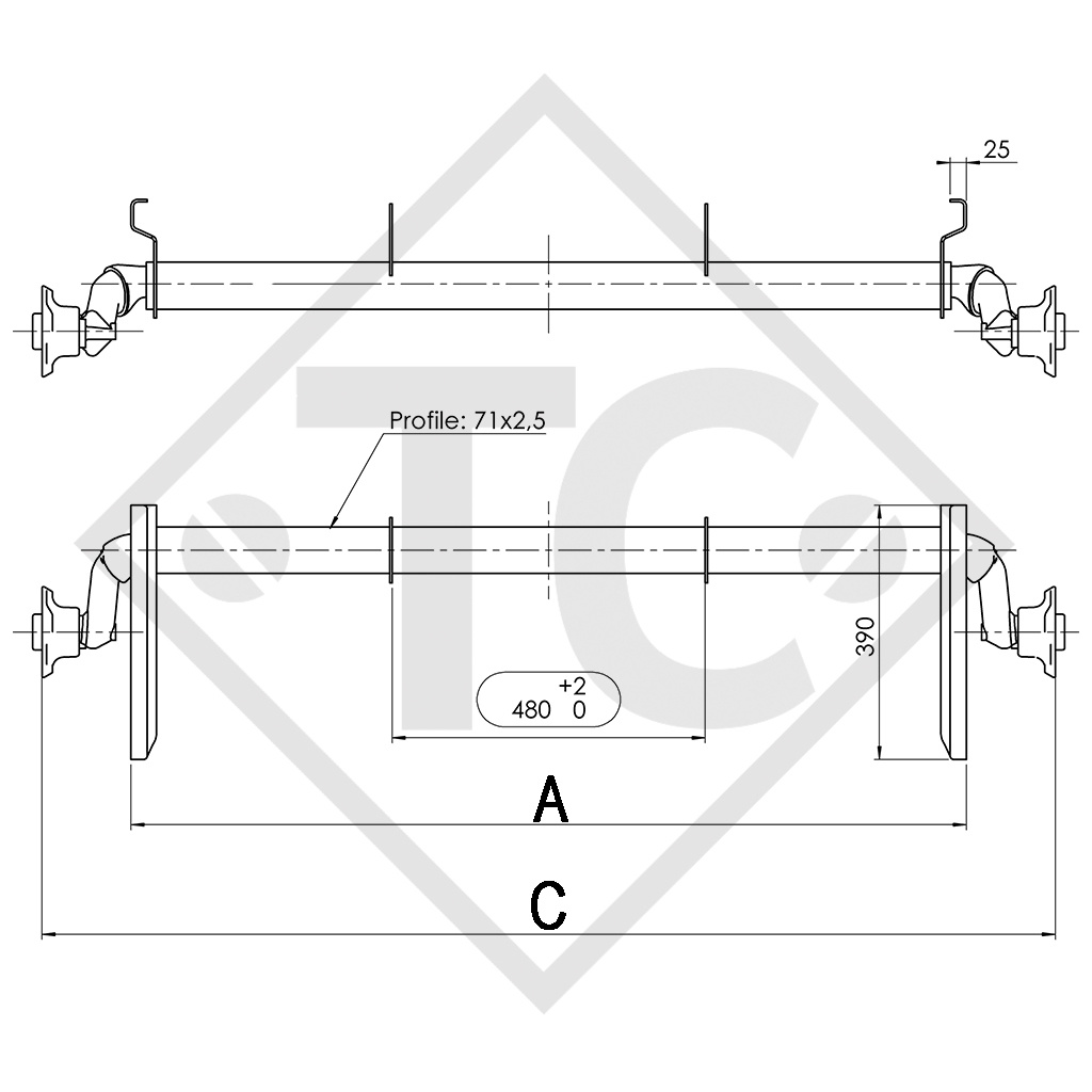 Unbraked axle 750kg OPTIMA axle type 700-5 with shackle and high axle bracket