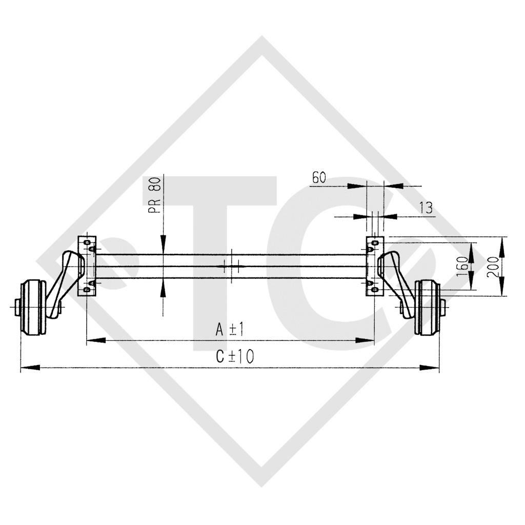Braked axle 900kg BASIC axle type B 850-5 - Unit price for 10 pieces