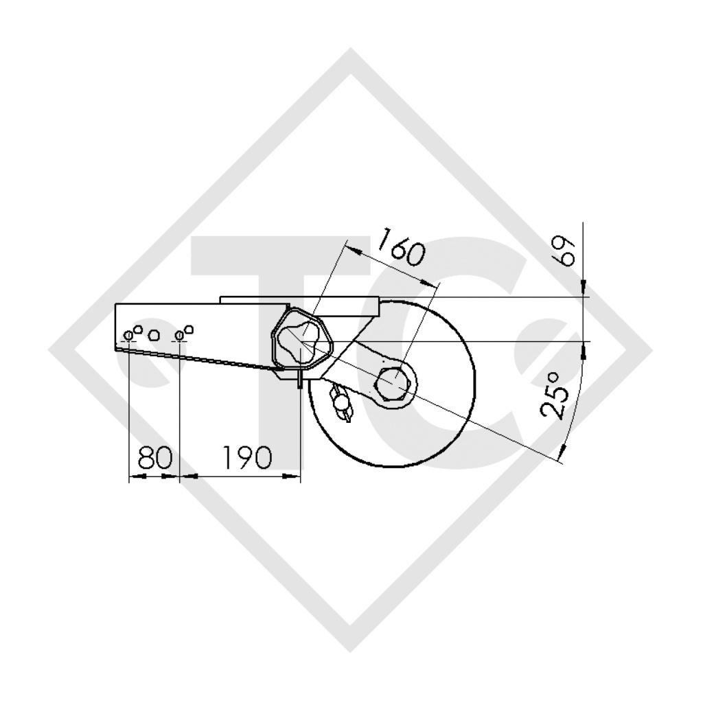 Braked tandem front axle 1600kg BASIC axle type B 1600-1 with top hat profile 130mm - Unit price for 20 pieces