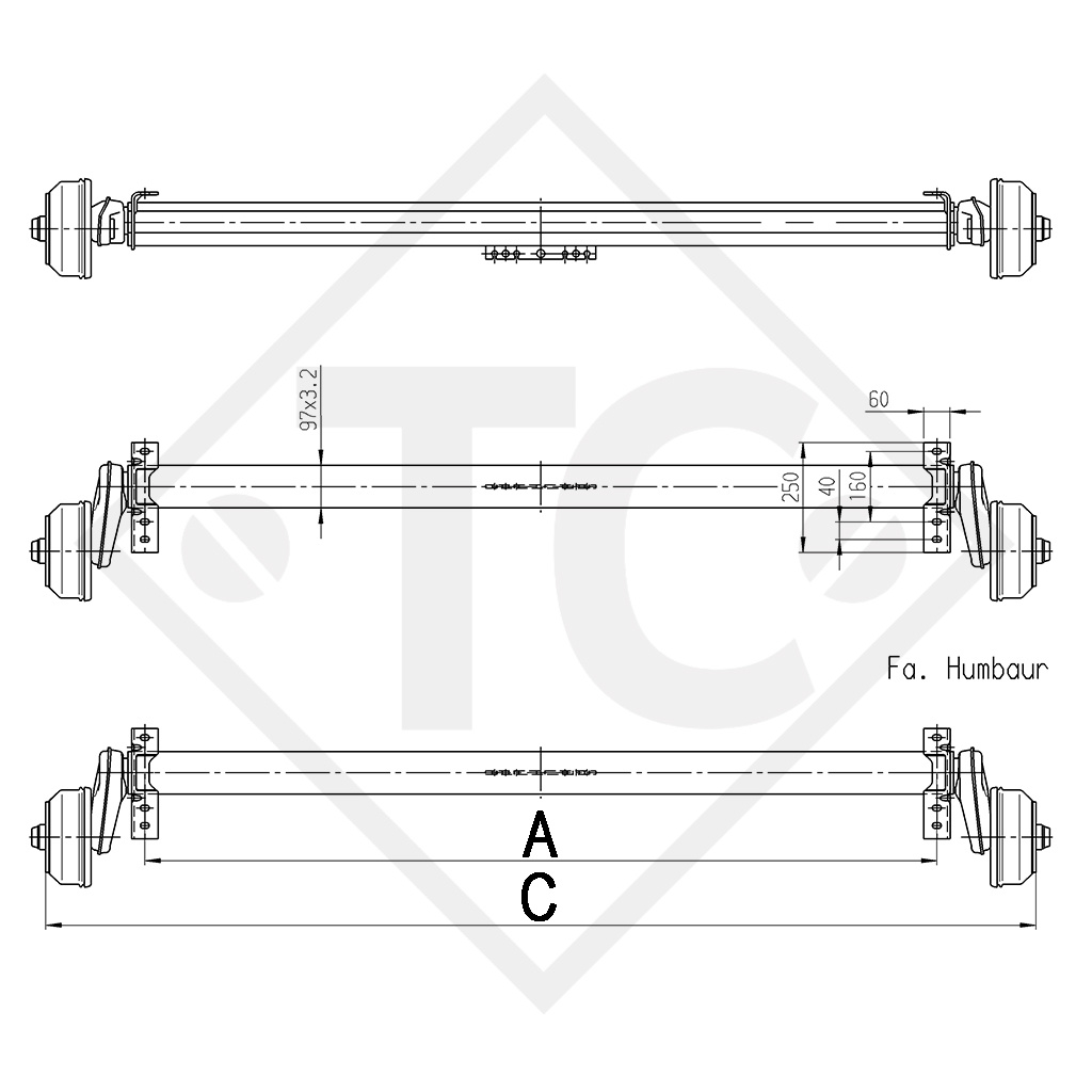 Essieu 1300kg EURO Compact freiné type d'essieu B 1200-5, Humbaur