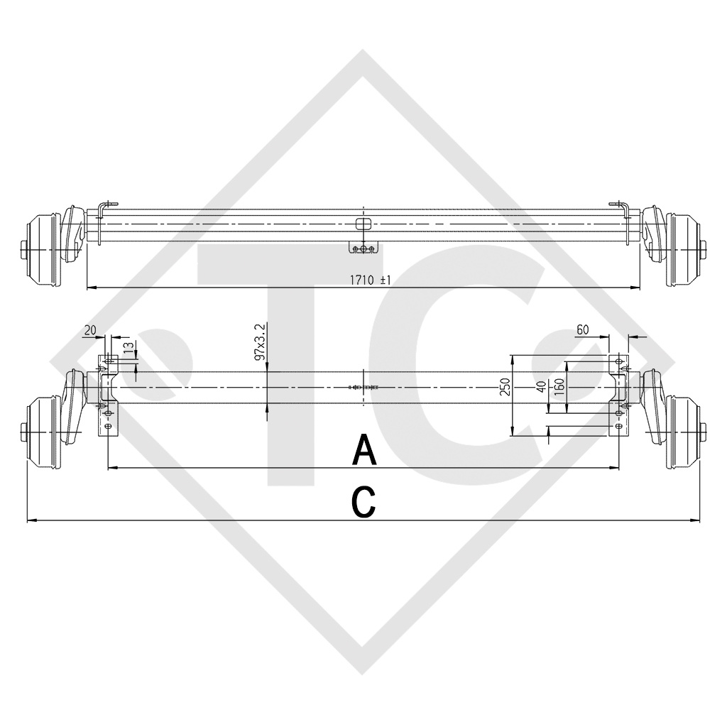 Braked axle  1300kg EURO-Compact  axle type B 1200-5