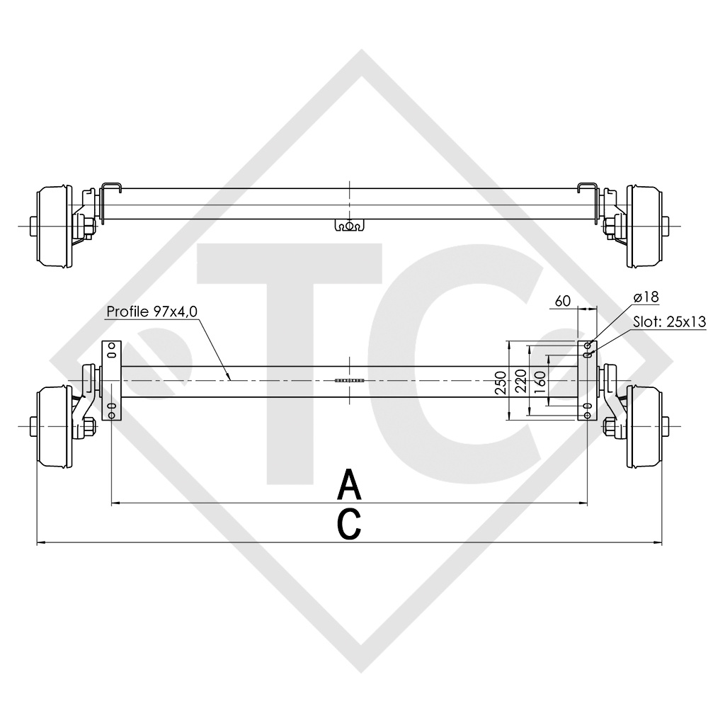 Essieu 1400kg EURO1 freiné type d'essieu B 1600-3