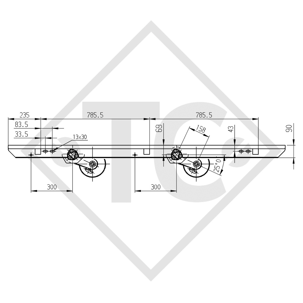 Conjuntos ejes tándem con freno 1600kg EURO Compact tipo de eje 2xB 850-5, Hermann Techau TB1500