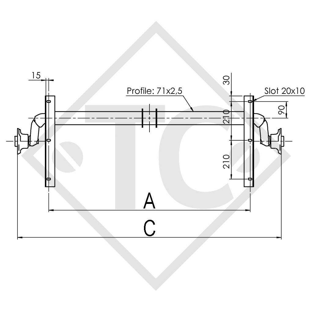 Achse ungebremst 750kg PLUS OPTIMA Achstyp 700-5 mit Bügel und hohem Achsbock