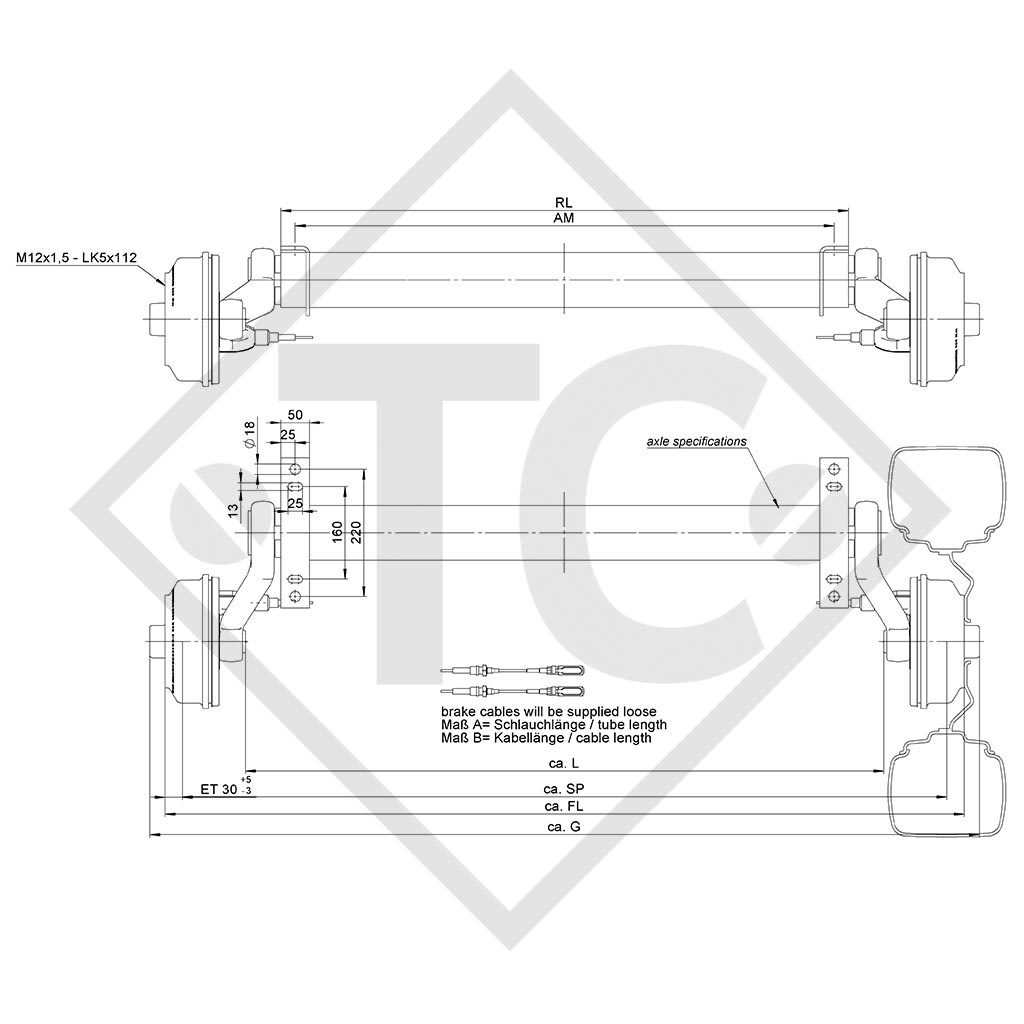 Braked axle SWING 1500kg axle type CB 1505, 46.27.379.324