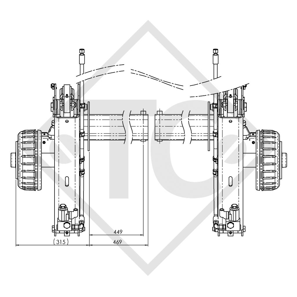 Lowering half axle down to 270mm, axle type ASB1800, single axle 1800kg, tandem 3500kg