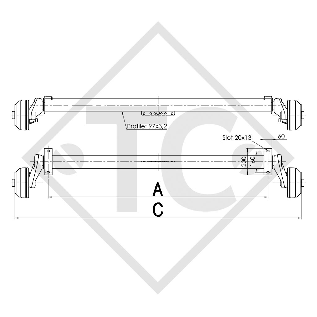 Achse gebremst 1300kg EURO1 Achstyp B 1200-5