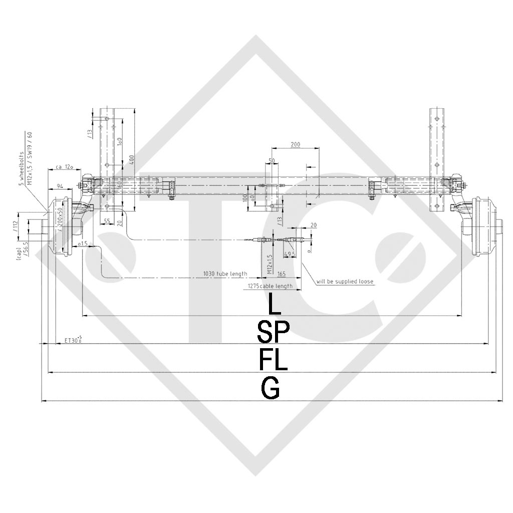 Braked axle 1350kg RONDO axle type DB 1355, 45.25.362.039