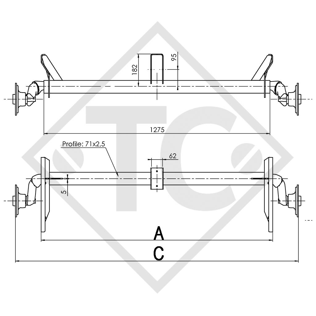 Achse ungebremst 750kg PLUS OPTIMA Achstyp 700-5 mit hohem Achsbock, Humbaur HA 75 B