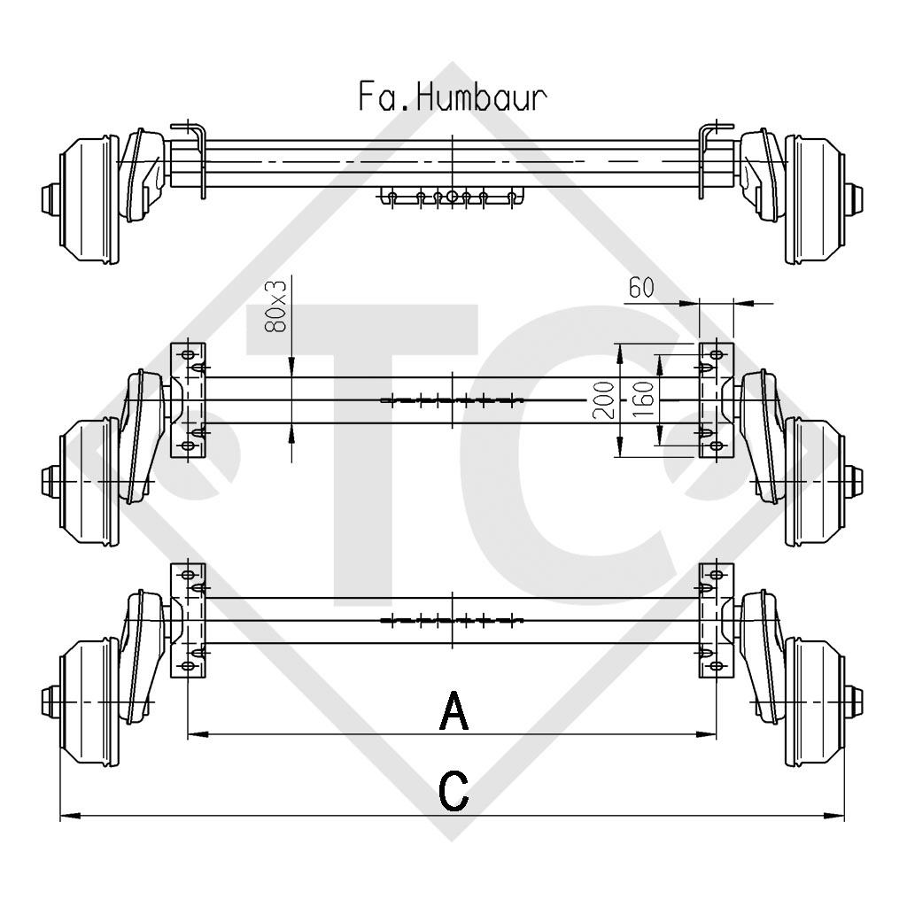 Braked axle 1000kg EURO Compact axle type B 850-10, Humbaur