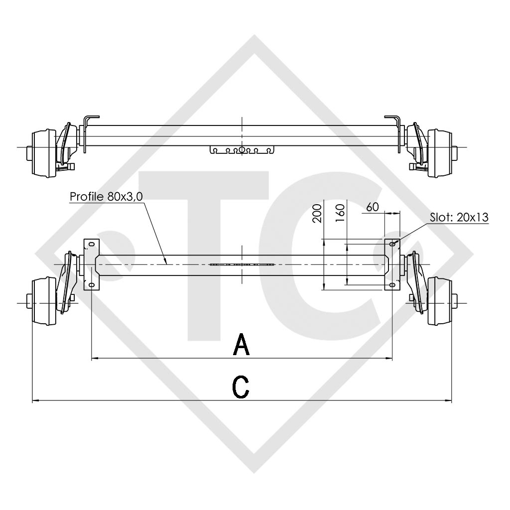 Braked axle 850kg EURO COMPACT  axle type B 850-4, Brenderup