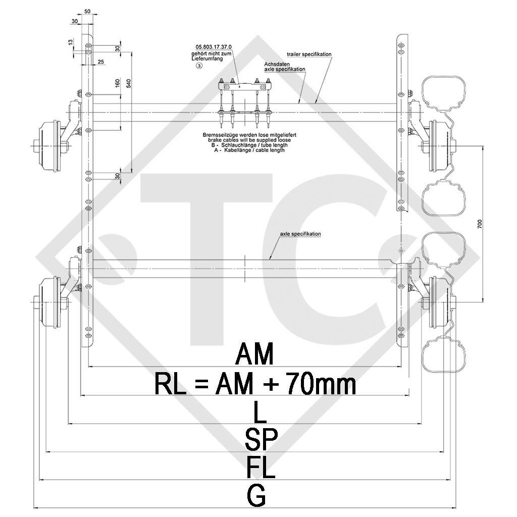 Conjuntos ejes tándem con freno 2700kg SWING tipo de eje CB 2/1355, 4014505