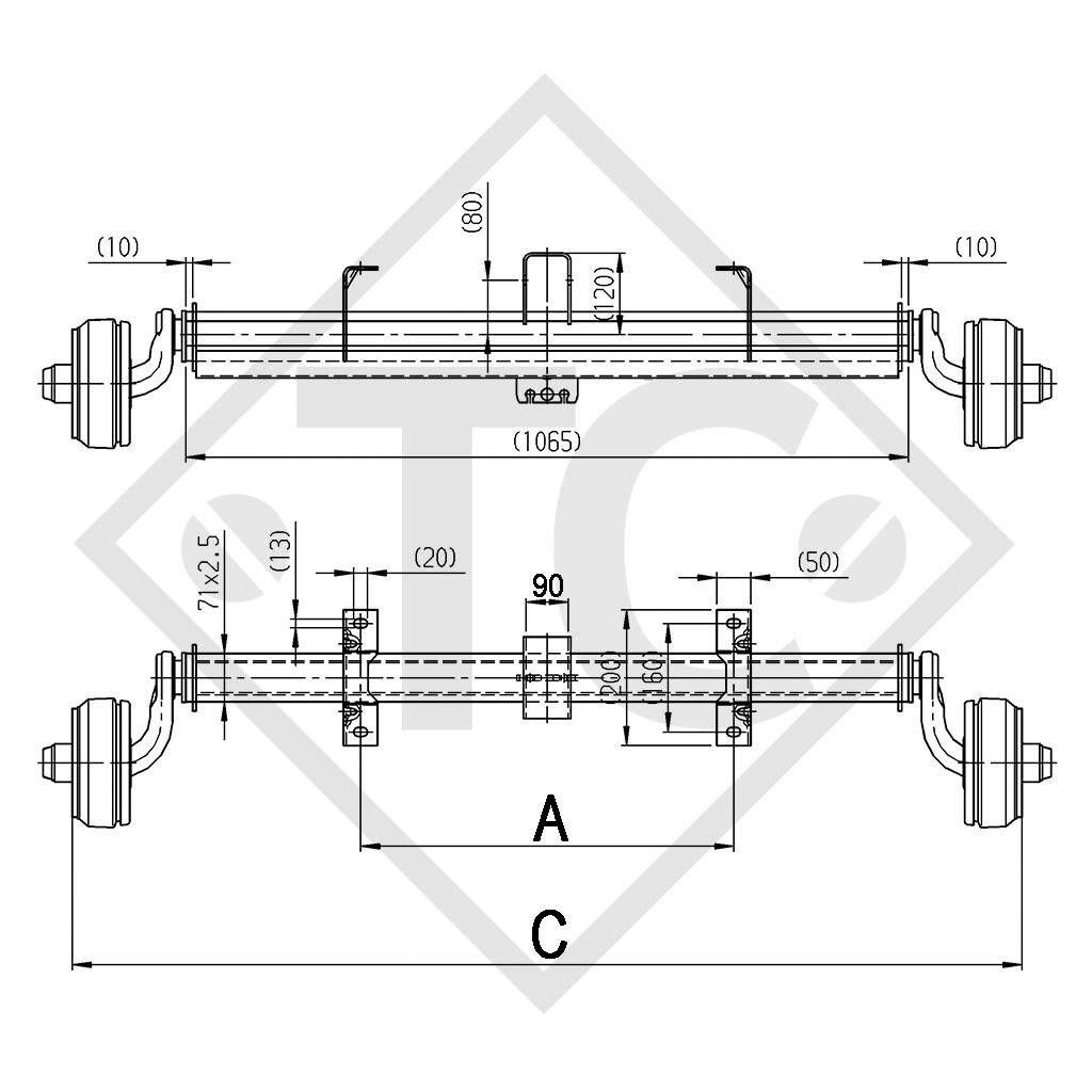 Assale frenato 750kg tipo di assale B 700-5 con profilo U 90mm