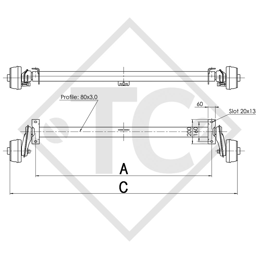 Achse gebremst 1000kg EURO Compact Achstyp B 850-10