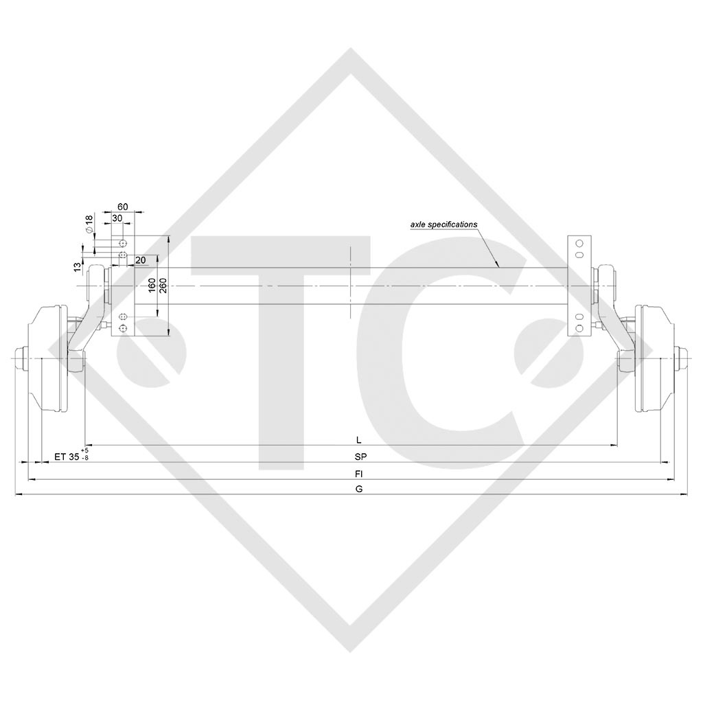 Essieu 1800kg freiné type d'essieu CB 1805, 46.32.368.192