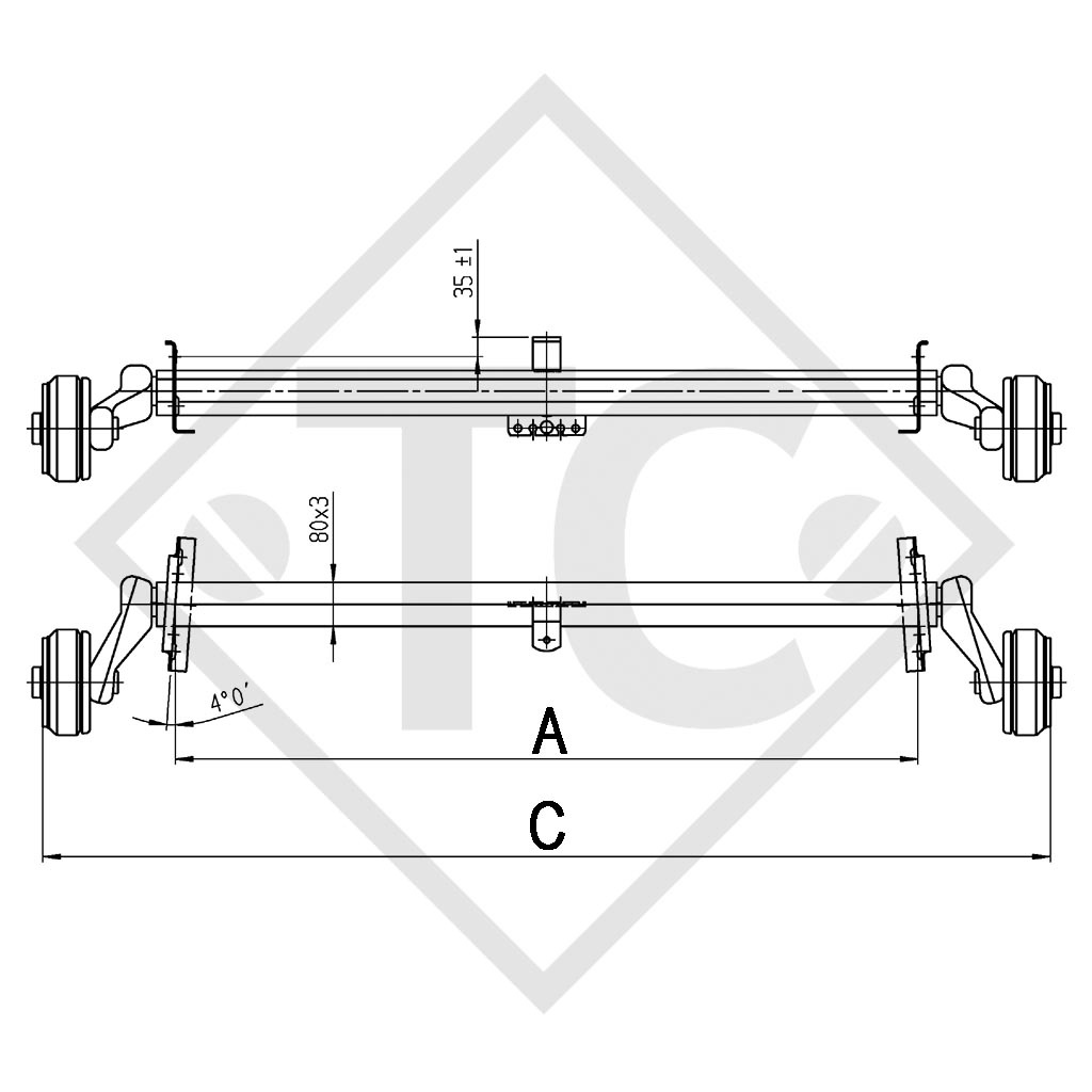 Braked axle 900kg EURO PLUS axle type B 850-5