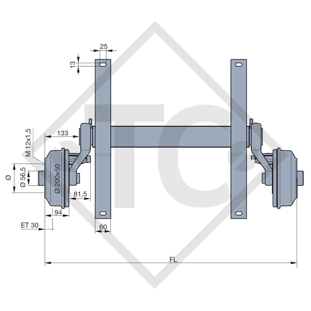 Braked axle 1400kg axle type SB14 with shock absorber bracket