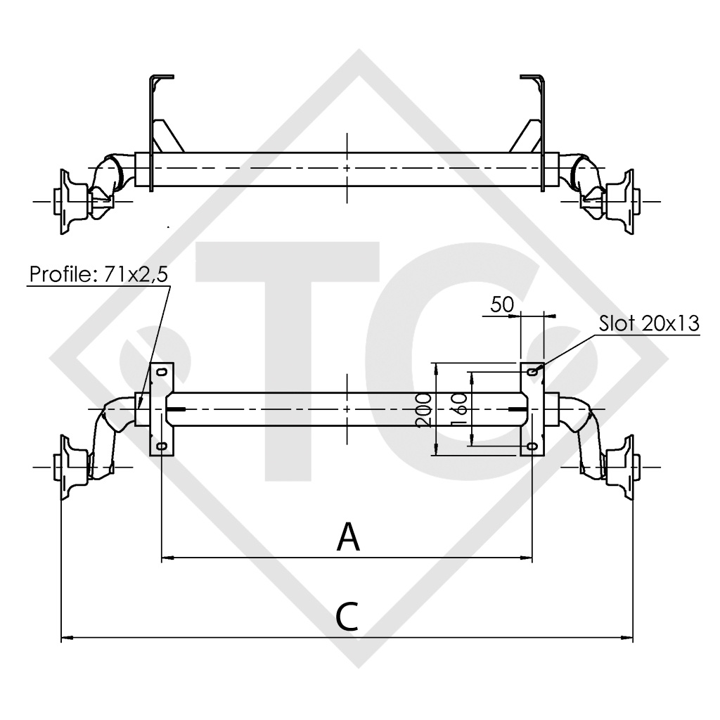 Unbraked axle 750kg PLUS OPTIMA  axle type 700-5 with high axle bracket