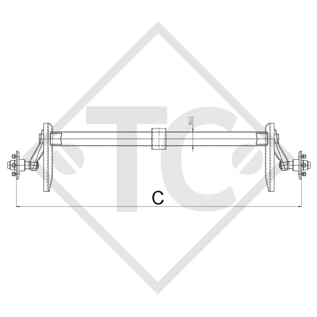 Eje sin freno 850kg tipo de eje 850-4 con soporte intermedio aumentado, Koch Typ  U85 - 125