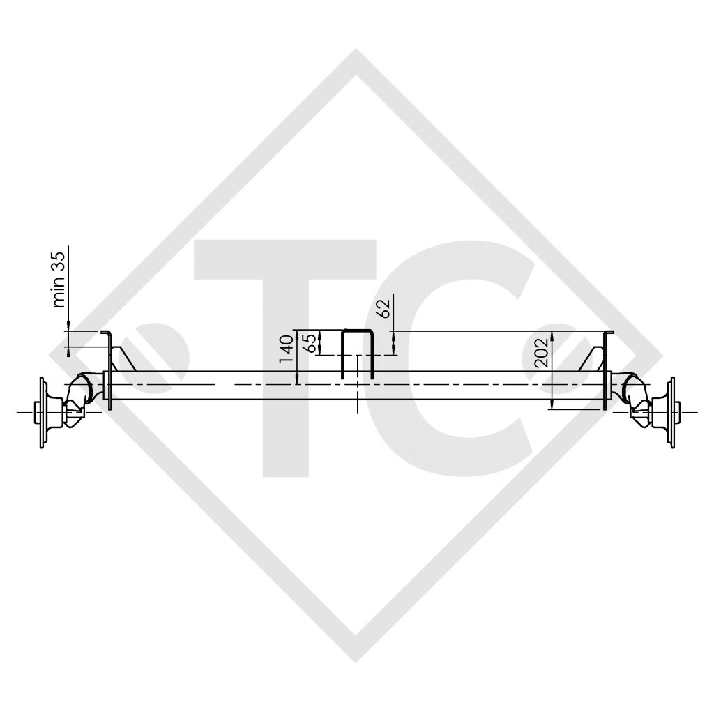 Unbraked axle 750kg PLUS OPTIMA  axle type 700-5 with shackle and high axle bracket