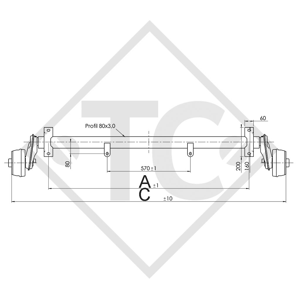 Achse gebremst 1000kg EURO Compact Achstyp B 850-10 - Brenderup