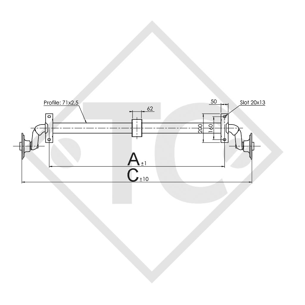 Eje sin freno 750kg PLUS OPTIMA tipo de eje 700-5 con soporte intermedio aumentado