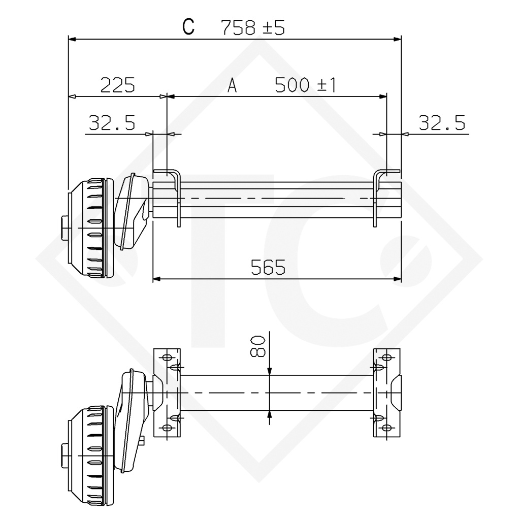 Braked half axles 675kg axle type B 1200-6 - (1 pair)