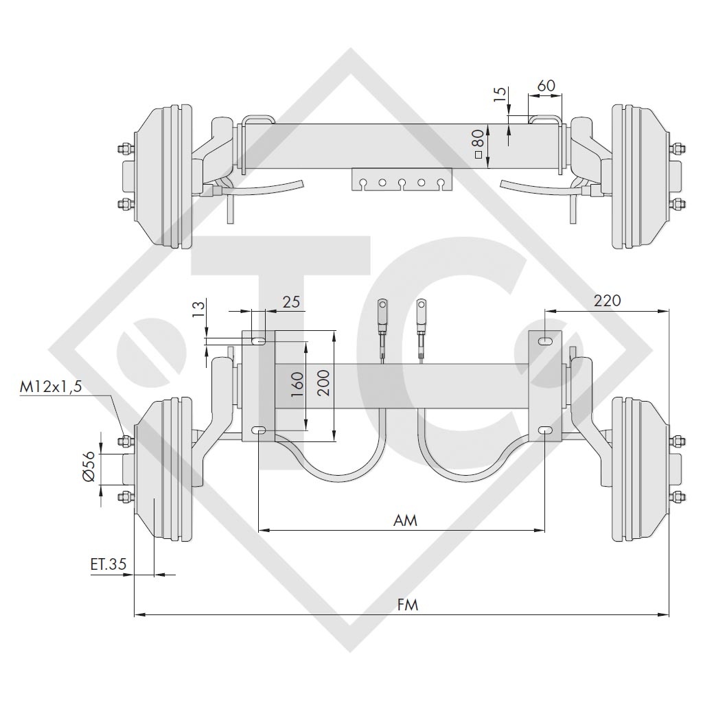 Achse gebremst 1350kg Achstyp WAG 135 B