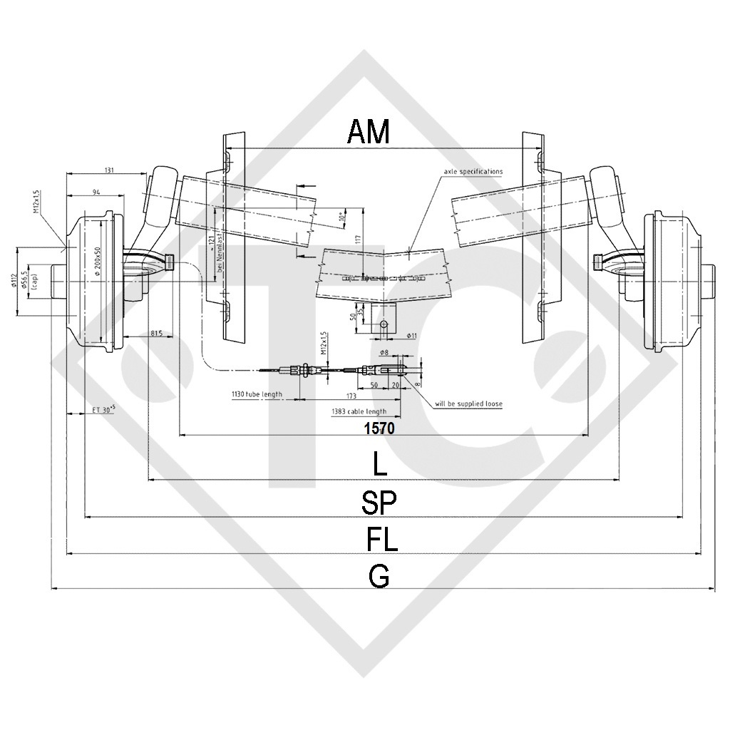 Essieu SWING  V-TEC 1350kg freiné type d'essieu SCB 1355, 46.25.379.948, 4013361