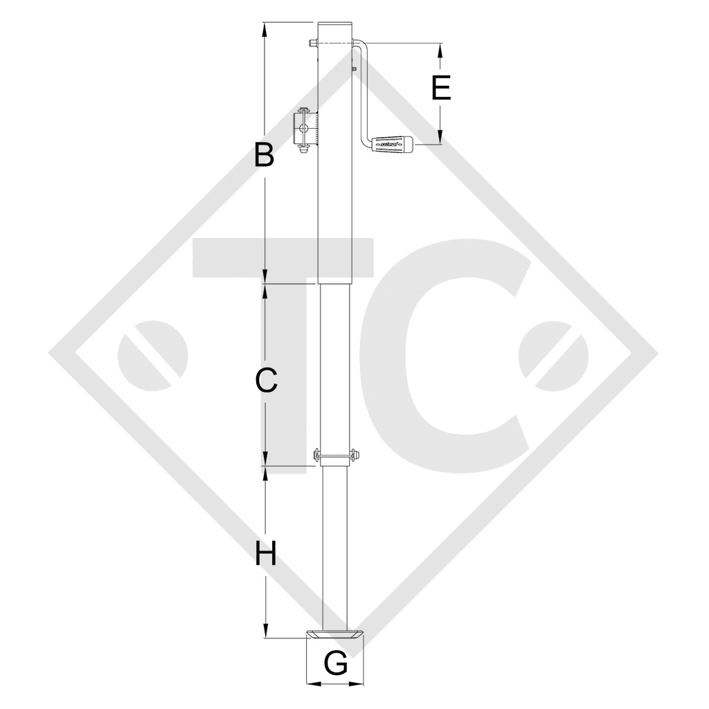 Steday leg □70mm square, top crank, double speed, three-stage, type DG 600/3SF1W, for agricultural machines and trailers, machines for building industry, implements for road maintenance and snow