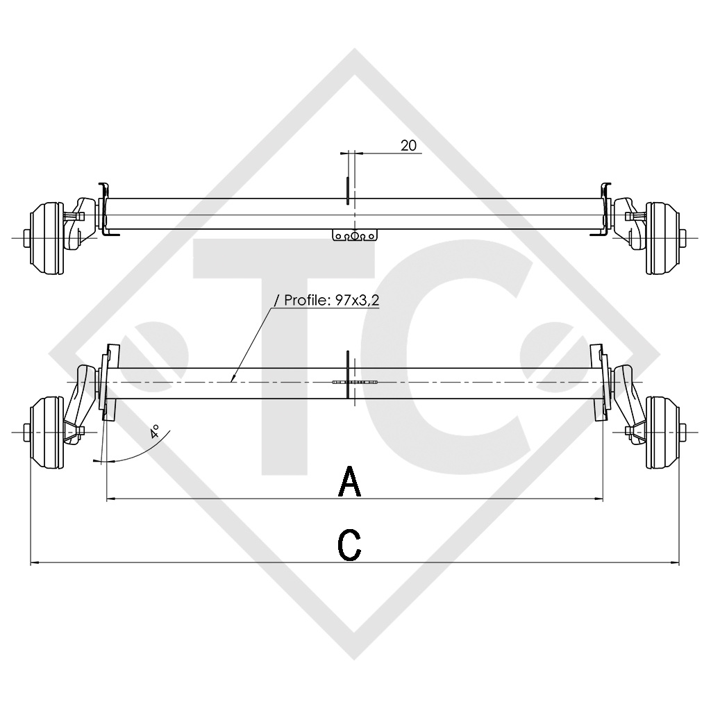 Achse gebremst 900kg EURO1 Achstyp B 1000-3