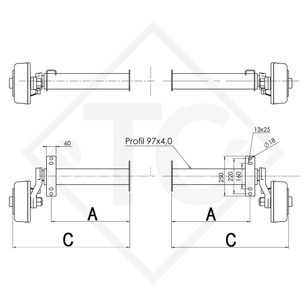 Semi ejes con freno 1600kg tipo de ejeB 1600-1 (par)