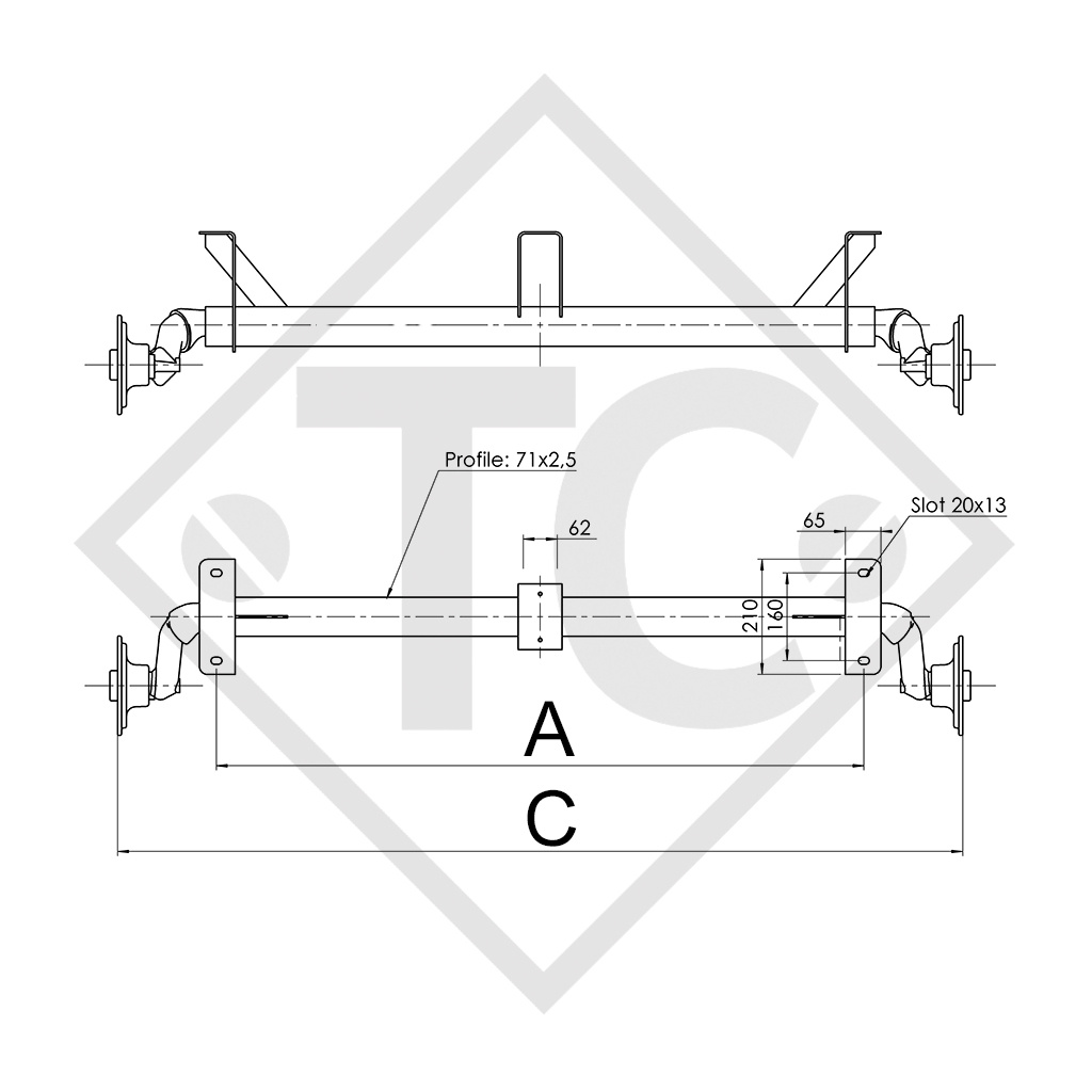 Achse ungebremst 750kg PLUS OPTIMA Achstyp 700-5 mit Bügel und hohem Achsbock