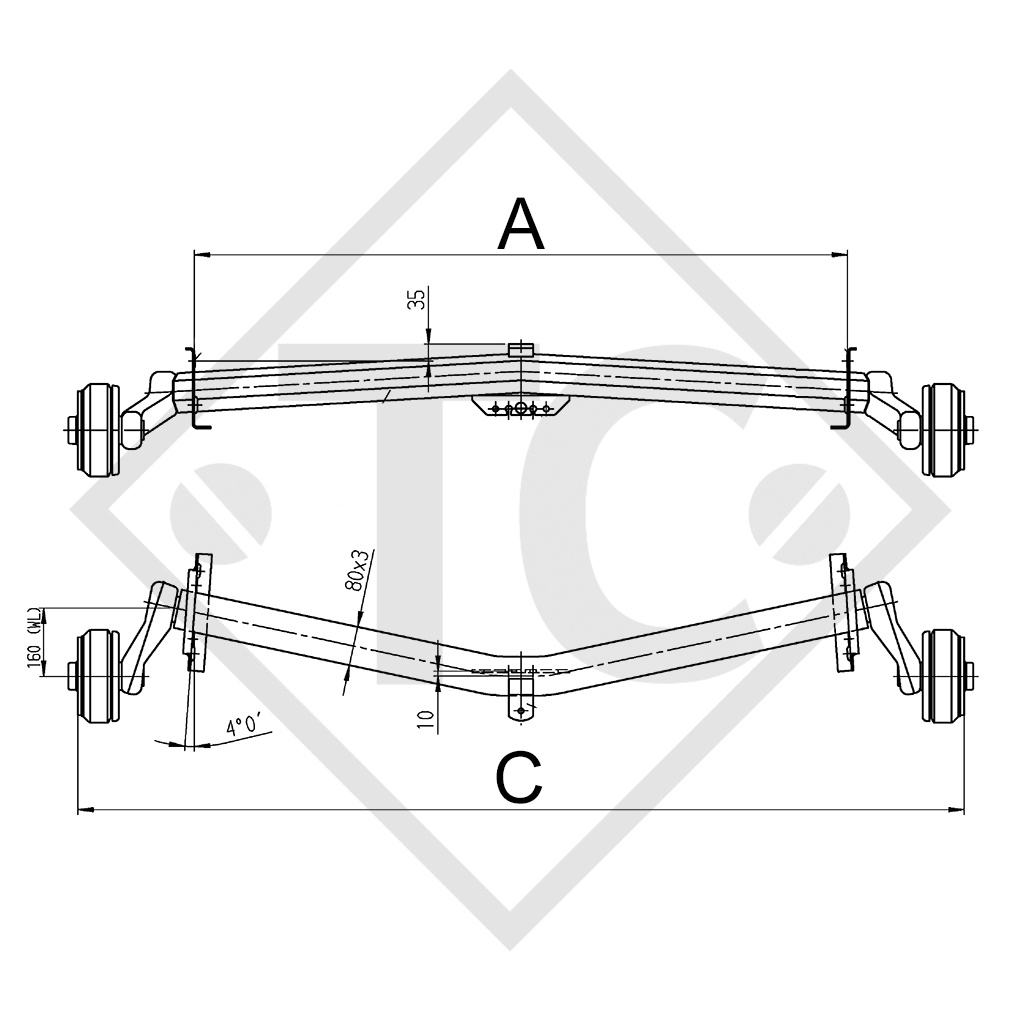 Eje con freno 900kg EURO PLUS tipo de eje B 850-5, Thrun-Eicker