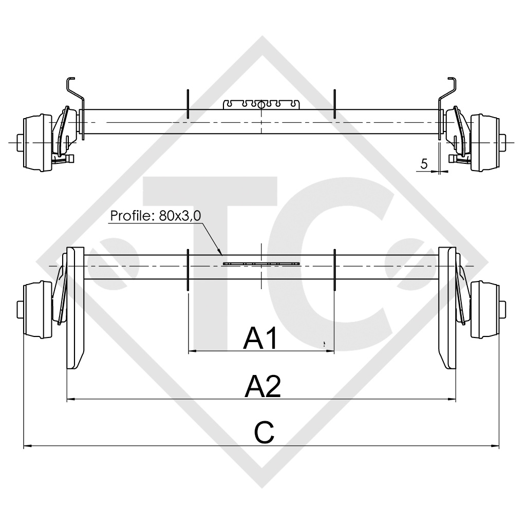 Essieu EURO Compact 1000kg freiné type d'essieu B 850-10 - ANSSEMS