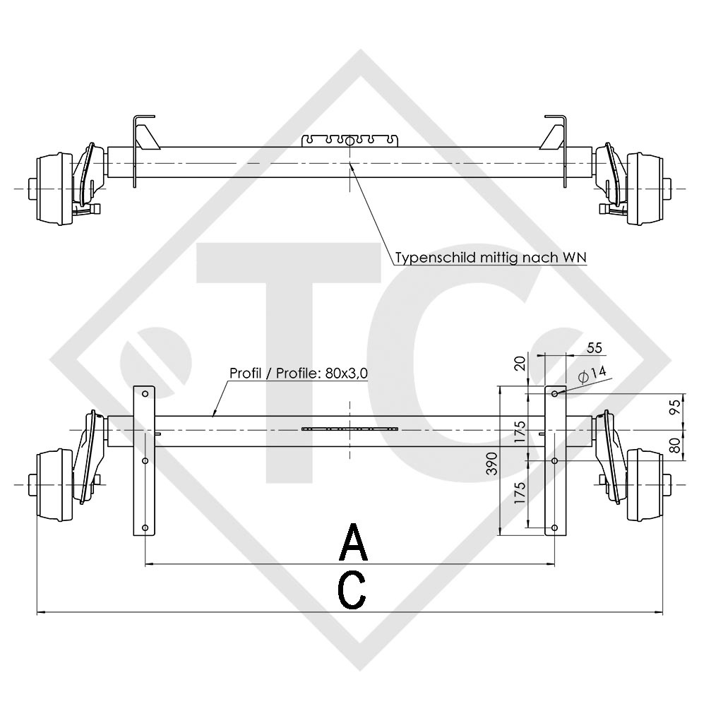 Braked axle 1000kg EURO COMPACT axle type B 850-10