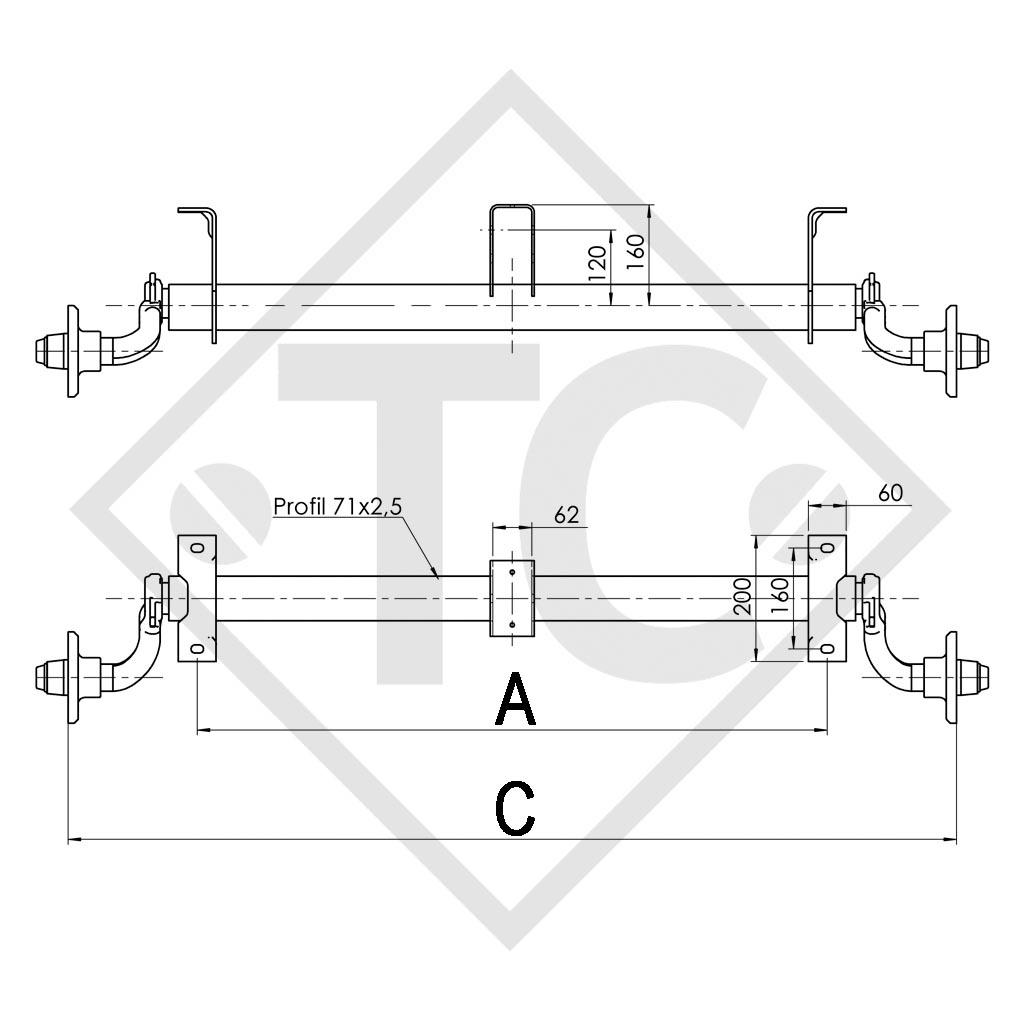 Unbraked axle 750kg BASIC axle type 700-5 with shackle and high axle bracket