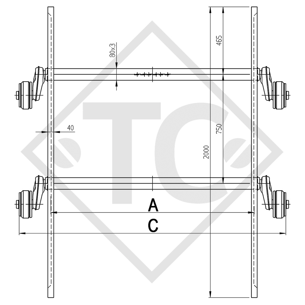 Conjuntos ejes tándem con freno 1300kg  EURO Compact tipo de eje 2xB 850-3