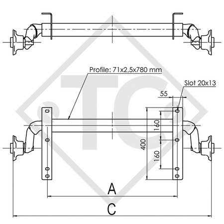 Unbraked axle 750kg PLUS OPTIMA axle type 700-5 with high axle bracket