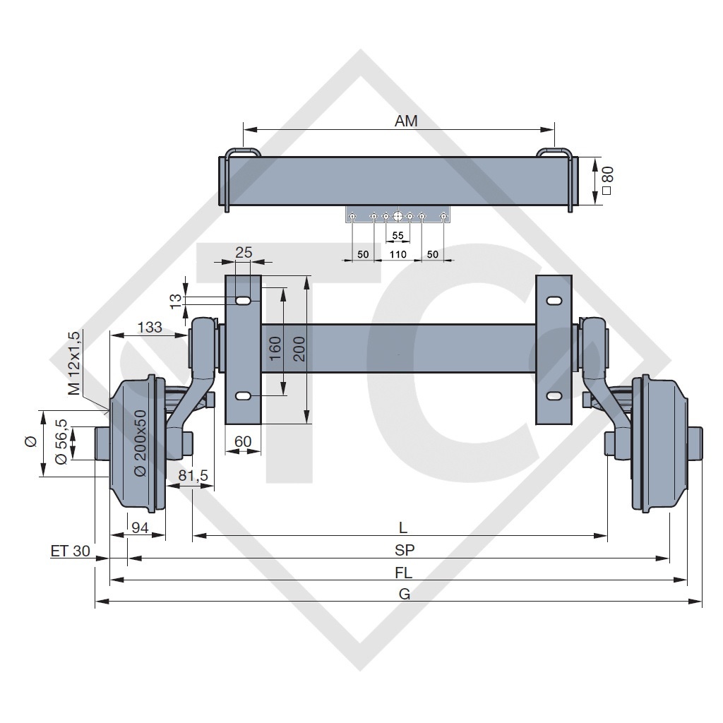 Braked axle SWING 1500kg axle type CB 1505, 46.27.379.096