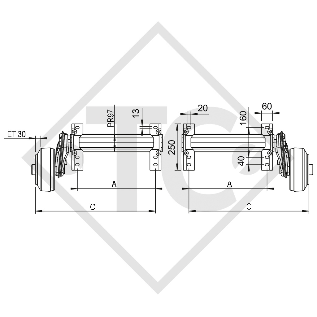 Semi assale frenato 1500kg tipo di assale B 1600-3 (coppia)