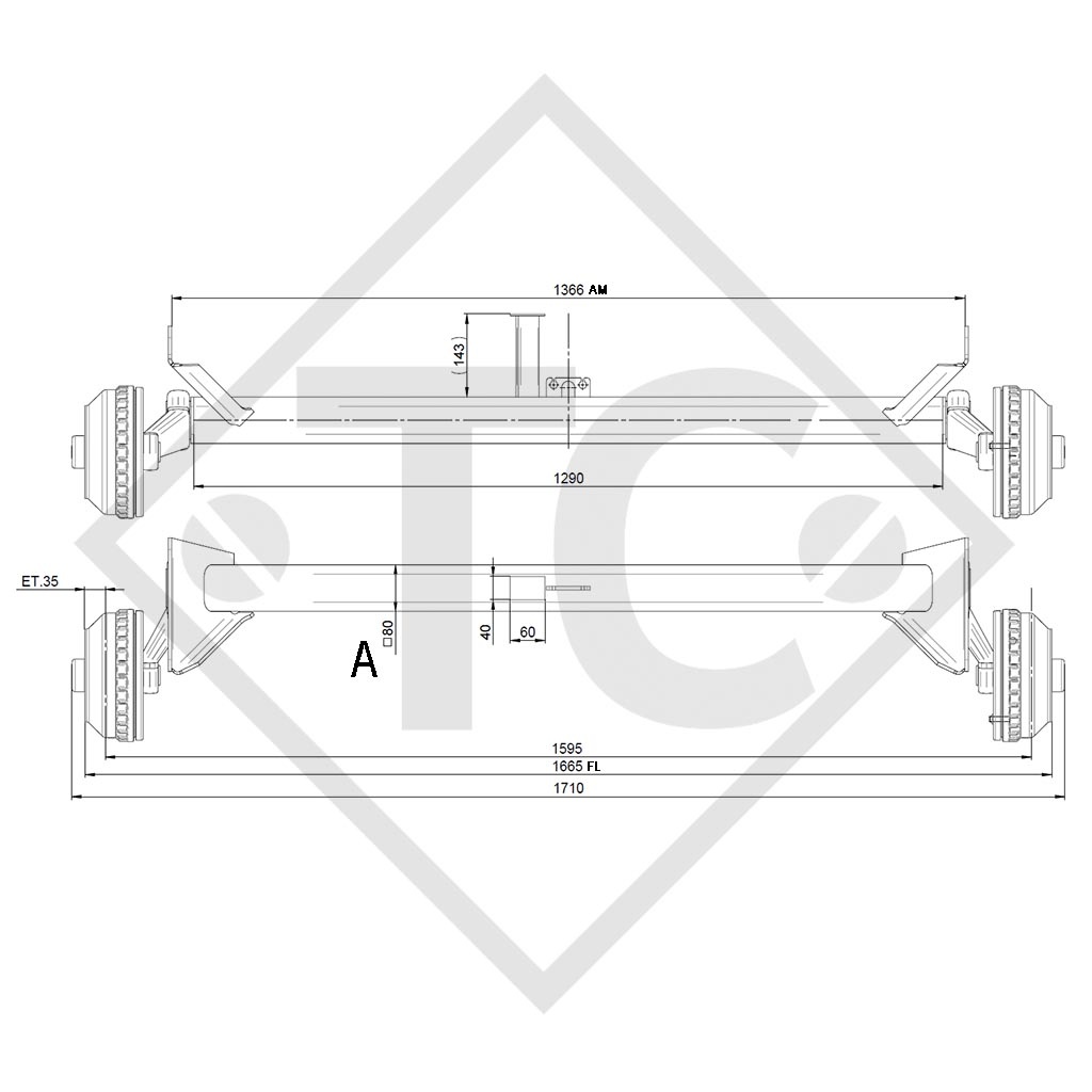 Braked axle 1500kg  axle type H 150 B, 3203787-2 Humbaur