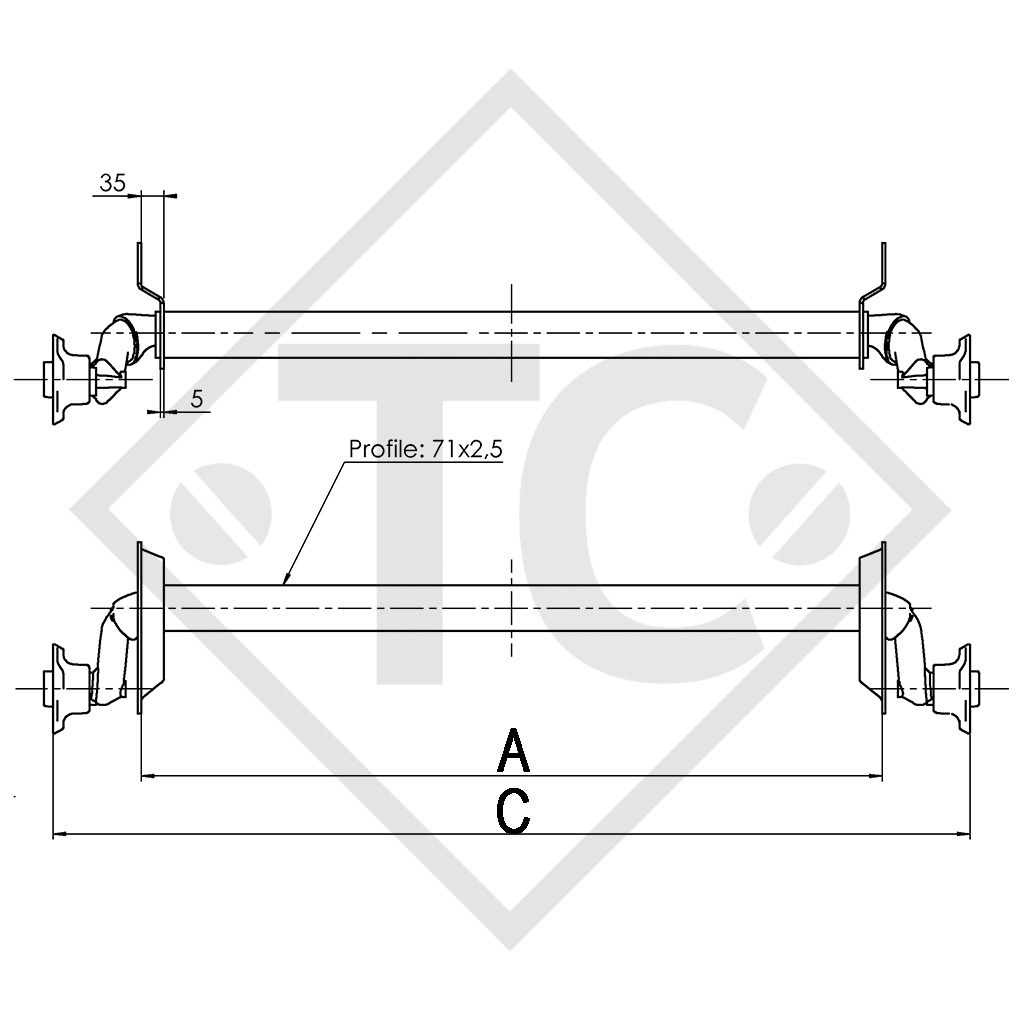 Unbraked axle 750kg PLUS OPTIMA axle type 700-5 - Humbaur