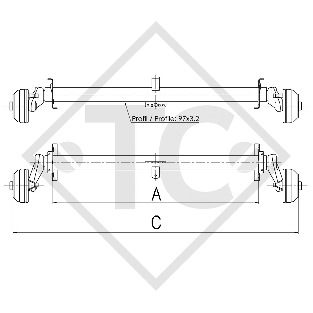 Essieu EURO1 1000kg freiné type d'essieu B 1000-3