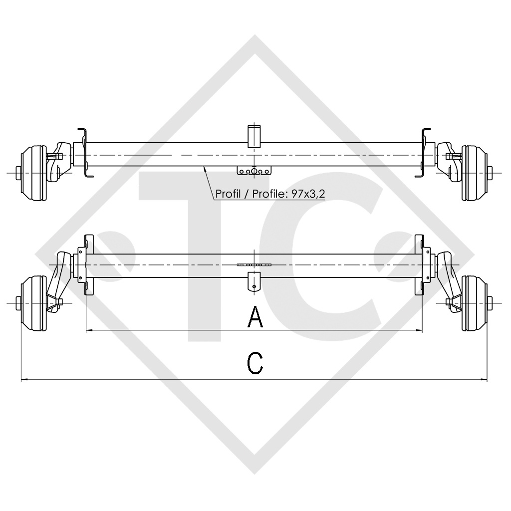 Essieu EURO1 - 1000kg freiné type d'essieu B 1000-3 - TABBERT 460