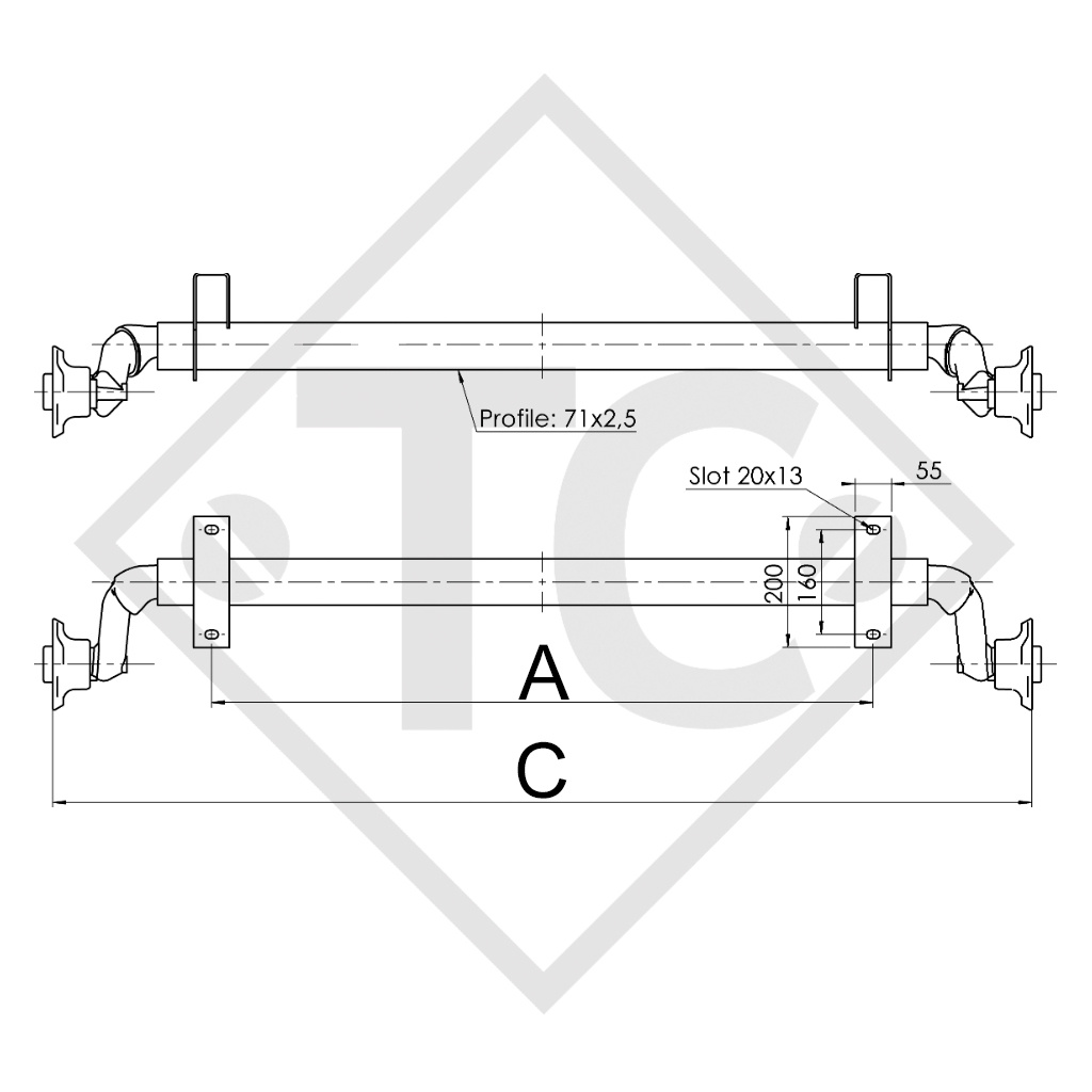 Assale sfrenato 750kg PLUS OPTIMA tipo di assale 700-5 con supporto alta, Brenderup