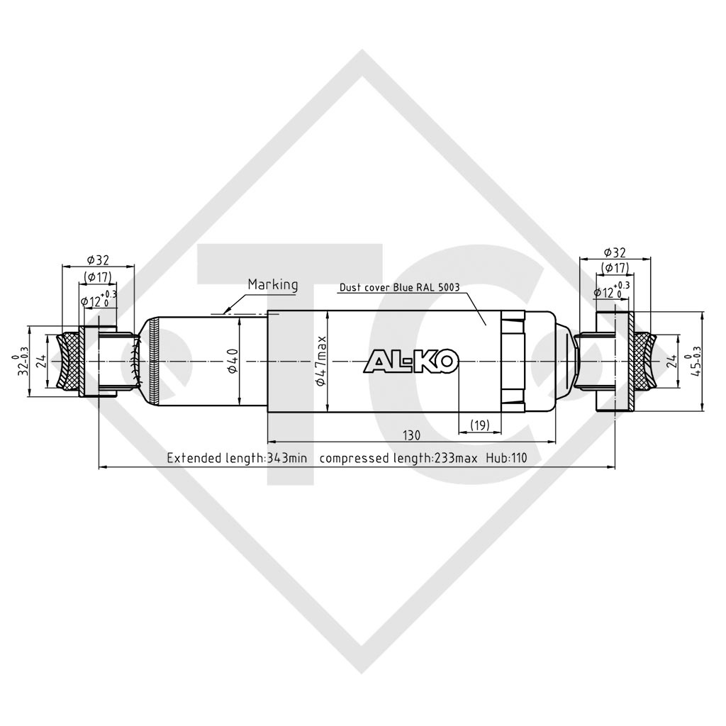 Axle shock absorber A2-110-20/160 incl. fixing bolts