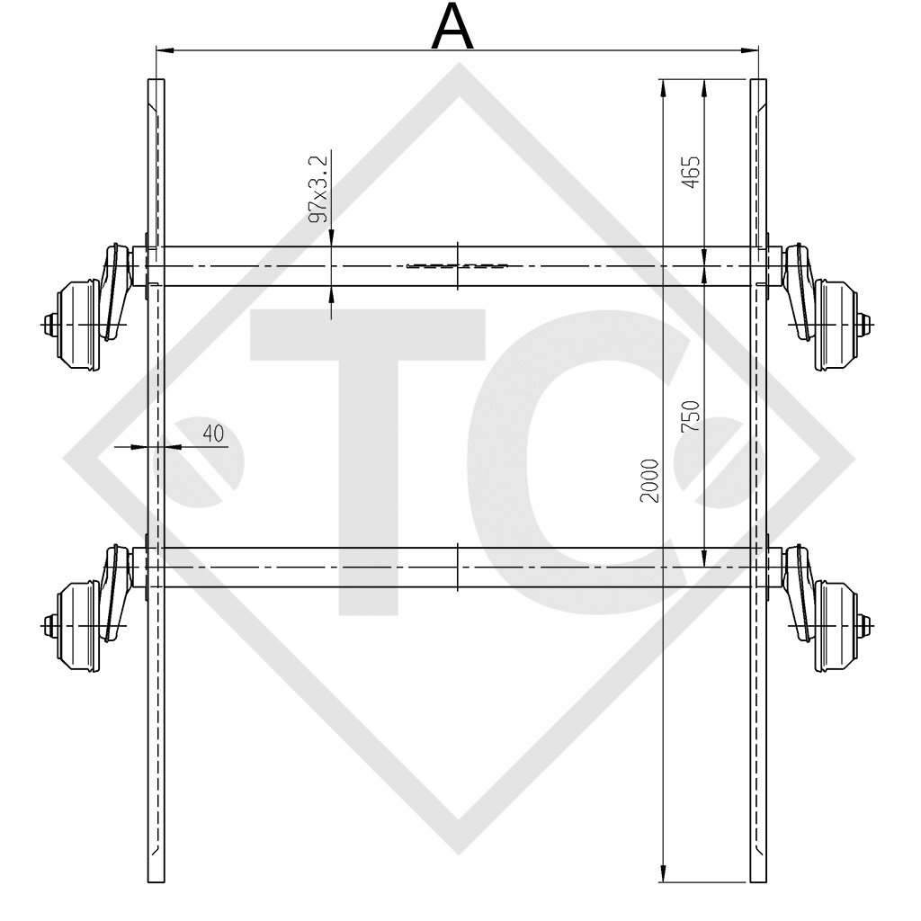 Essieu tandem freiné 2700kg EURO COMPACT type d'essieu 2xB 1200-6