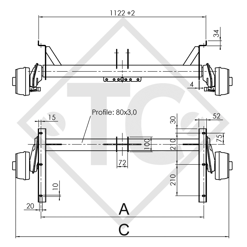 Eje con freno 900kg EURO COMPACT tipo de eje B 850-5, Pongratz LPA150G