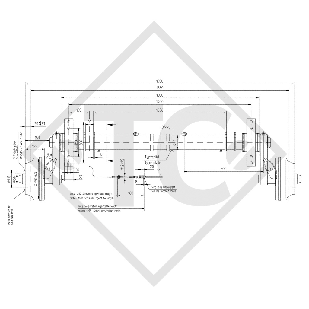 Eje abatibles, tipo de eje DB 1805, eje sencillo 1800kg, 45.32.368.061, 4012364